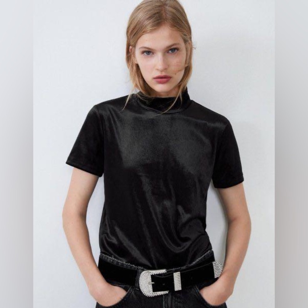 Zara Trefaluc Black Velvet Turtleneck Tshirt SZ S